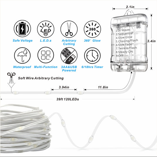 Dual electric waterproof battery case String light | 39ft | 120 bulbs | 144 pack